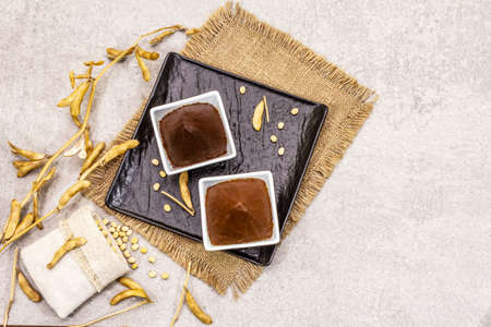 Miso paste, traditional Japanese seasoning. Two types, dark and light brown with dry soya beans. Sackcloth, bag, pods. Stone concrete background, top view, copy spaceの写真素材