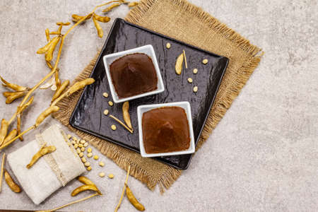 Miso paste, traditional Japanese seasoning. Two types, dark and light brown with dry soya beans. Sackcloth, bag, pods. Stone concrete background, top view, copy spaceの写真素材
