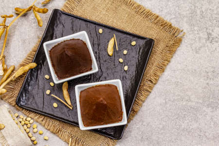 Miso paste, traditional Japanese seasoning. Two types, dark and light brown with dry soya beans. Sackcloth, bag, pods. Stone concrete background, top view, copy spaceの写真素材