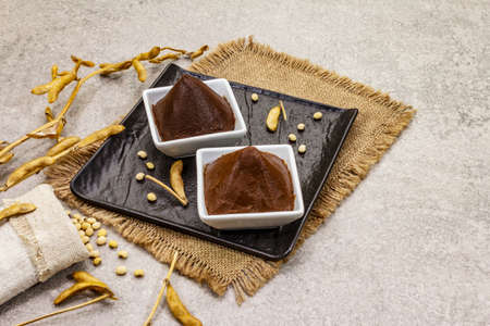 Miso paste, traditional Japanese seasoning. Two types, dark and light brown with dry soya beans. Sackcloth, bag, pods. Stone concrete background, copy spaceの写真素材