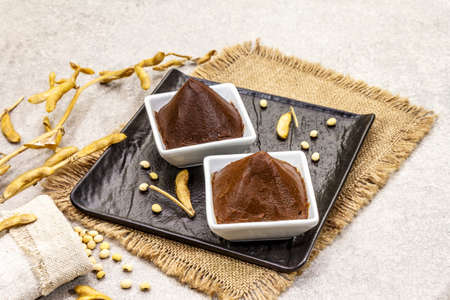 Miso paste, traditional Japanese seasoning. Two types, dark and light brown with dry soya beans. Sackcloth, bag, pods. Stone concrete background, copy spaceの写真素材