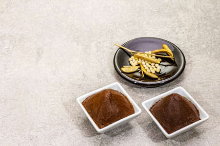 Miso paste, traditional Japanese seasoning. Two types, dark and light brown with dry soya beans. Stone concrete background, copy spaceの写真素材