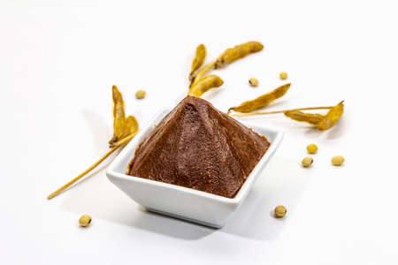 Light brown miso paste isolated on white background. Traditional Japanese seasoning, dry soya beans pods, copy spaceの写真素材