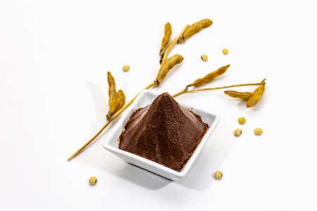 Dark brown miso paste isolated on white background. Traditional Japanese seasoning, dry soya beans pods, copy spaceの写真素材