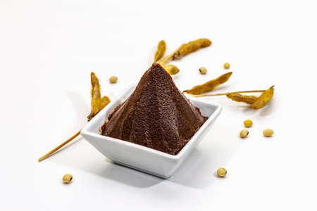Dark brown miso paste isolated on white background. Traditional Japanese seasoning, dry soya beans pods, copy spaceの写真素材