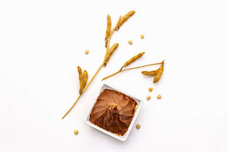 Light brown miso paste isolated on white background. Traditional Japanese seasoning, dry soya beans pods, copy space, top viewの写真素材