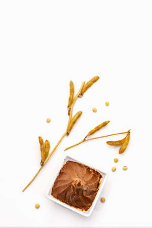 Light brown miso paste isolated on white background. Traditional Japanese seasoning, dry soya beans pods, copy space, top viewの写真素材