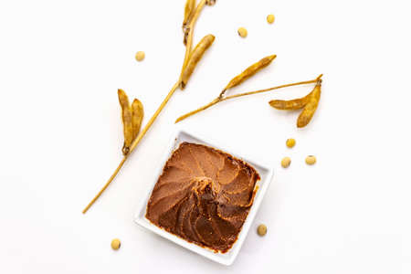 Light brown miso paste isolated on white background. Traditional Japanese seasoning, dry soya beans pods, copy space, top viewの写真素材