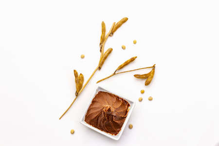 Light brown miso paste isolated on white background. Traditional Japanese seasoning, dry soya beans pods, copy space, top viewの写真素材