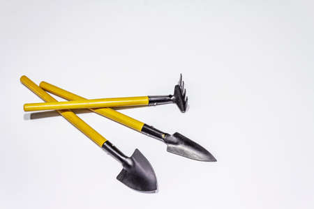 Garden tools isolated on white background. Plant care concept. Shovels and rakeの写真素材
