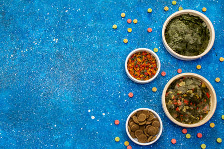 Assorted different types of food for aquarium fish. Flakes, spirulina, pills, mixture. Navy blue sea background, copy space, top viewの写真素材