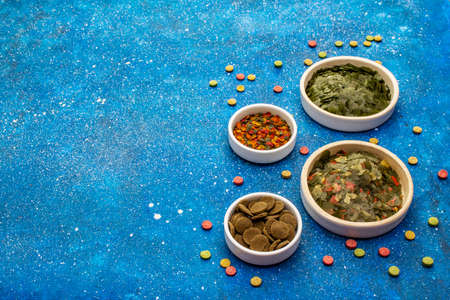 Assorted different types of food for aquarium fish. Flakes, spirulina, pills, mixture. Navy blue sea background, copy spaceの写真素材