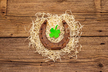 Cast iron metal horse horseshoes with felt clove leaf on hay. Good luck symbol, St.Patrick's Day concept. Old wooden background, horse accessories, top viewの写真素材
