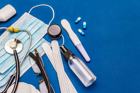 Set of diverse medical items. Means for the prevention, personal hygiene and treatment of the...