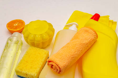 House cleaning product. Spray, bottle, soap, dishwashing sponge, duster, gel air freshener. Home...
