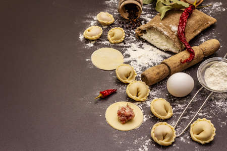 Composition with raw dumplings and ingredients on trendy black stone concrete background. Process of cooking, fresh productsの写真素材