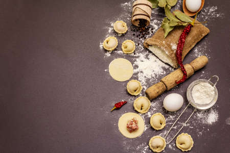 Composition with raw dumplings and ingredients on trendy black stone concrete background. Process of cooking, fresh productsの写真素材