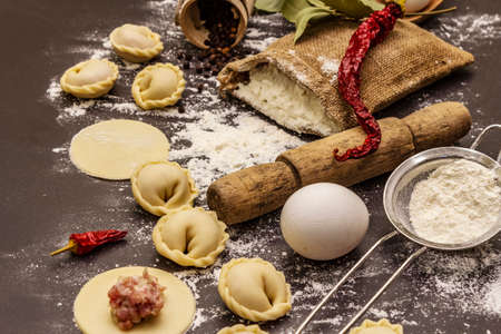 Composition with raw dumplings and ingredients on trendy black stone concrete background. Process of cooking, fresh productsの写真素材