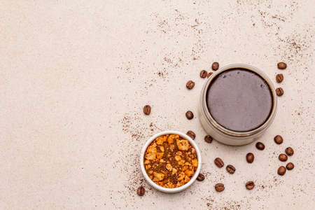 Spa concept. Self care with coffee body scrub and sea salt. Natural organic cosmetics, homemade product, alternative lifestyle. White putty backgroundの写真素材