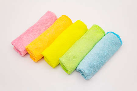 Set of colorful dusters isolated on white background. House cleaning product, home disinfection in quarantineの写真素材