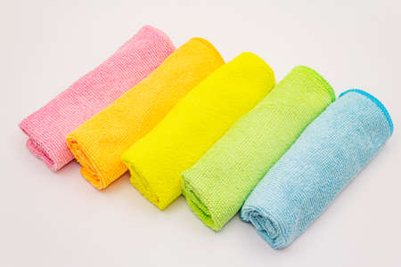 Set of colorful dusters isolated on white background. House cleaning product, home disinfection in quarantineの写真素材