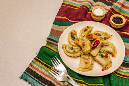 Dumplings stuffed stewed cabbage and sour cream. Traditional Ukrainian dish v-arenyky. Healthy vegan (vegetarian) food. Stone concrete backgroundの写真素材
