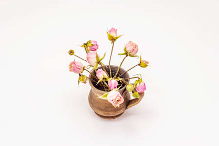 Dry roses flowers isolated on white background. Aromatic flowers, traditional ingredient for food and cosmeticsの写真素材