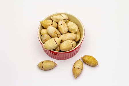 Ripe pecan isolated on white background. Traditional ingredient for pecan pie in USAの写真素材