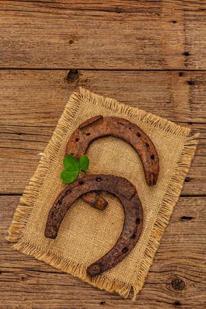 Two very old cast iron metal horse horseshoes, fresh clover leaf. Good luck symbol, St.Patrick's Day concept. Antique wooden background, horse accessoriesの写真素材