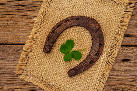 Very old cast iron metal horse horseshoe, fresh clover leaf. Good luck symbol, St.Patrick's Day concept. Antique wooden background, horse accessoriesの写真素材