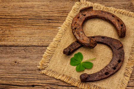 Two very old cast iron metal horse horseshoes, fresh clover leaf. Good luck symbol, St.Patrick's Day concept. Antique wooden background, horse accessoriesの写真素材