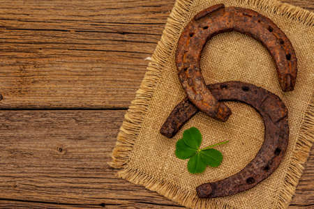 Two very old cast iron metal horse horseshoes, fresh clover leaf. Good luck symbol, St.Patrick's Day concept. Antique wooden background, horse accessoriesの写真素材