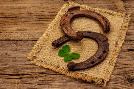 Two very old cast iron metal horse horseshoes, fresh clover leaf. Good luck symbol, St.Patrick's Day concept. Antique wooden background, horse accessoriesの写真素材