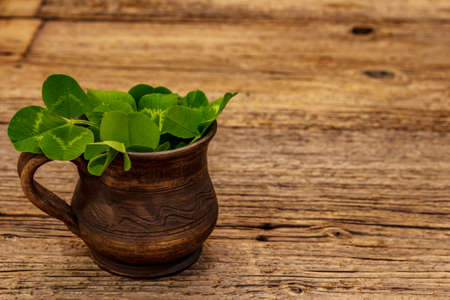 Fresh clover bouquet in ceramic cup. Good luck symbol, St.Patrick's Day concept. Old wooden boards backgroundの写真素材