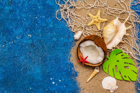 Seashells summer background. Lots of different seashells piled together, sea star. Navy blue nautical backgroundの写真素材