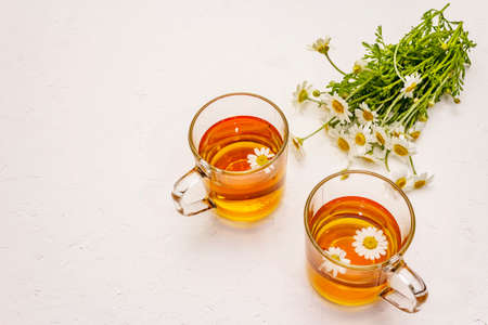 Chamomile tea. Fresh flowers, summer hot drink concept. Alternative medicine, lifestyle. White putty background, top viewの写真素材