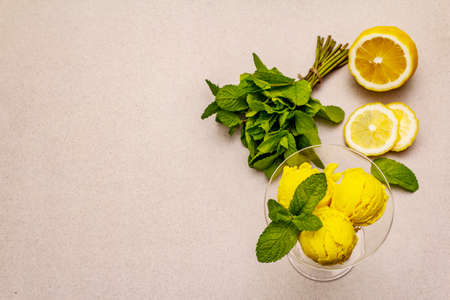 Lemon ice cream with mint. Refreshing summer dessert, ripe fruit, fragrant leaves. Stone concrete background, top viewの写真素材
