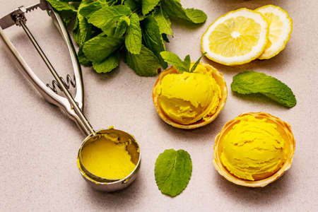 Lemon ice cream with mint. Refreshing summer dessert, ripe fruit, fragrant leaves. Stone concrete background, close upの写真素材
