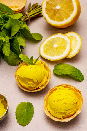 Lemon ice cream with mint. Refreshing summer dessert, ripe fruit, fragrant leaves. Stone concrete background, close upの写真素材