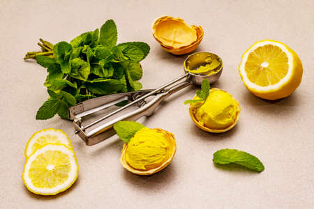 Lemon ice cream with mint. Refreshing summer dessert, ripe fruit, fragrant leaves. Stone concrete background, close upの写真素材