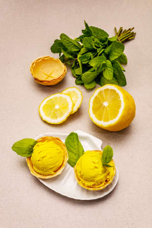 Lemon ice cream with mint. Refreshing summer dessert, ripe fruit, fragrant leaves. Stone concrete background, close upの写真素材