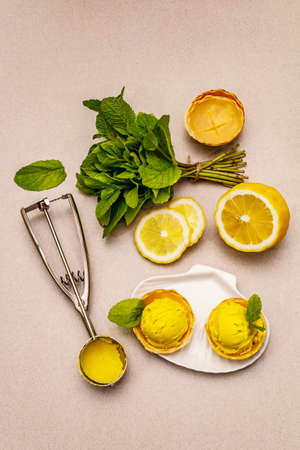 Lemon ice cream with mint. Refreshing summer dessert, ripe fruit, fragrant leaves. Stone concrete background, top viewの写真素材