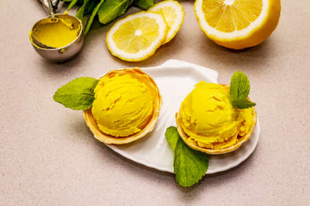 Lemon ice cream with mint. Refreshing summer dessert, ripe fruit, fragrant leaves. Stone concrete background, close upの写真素材