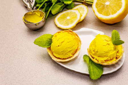 Lemon ice cream with mint. Refreshing summer dessert, ripe fruit, fragrant leaves. Stone concrete background, close upの写真素材