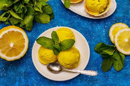 Lemon ice cream with mint. Refreshing summer dessert, ripe fruit, fragrant leaves. Navy blue nautical background, top viewの写真素材