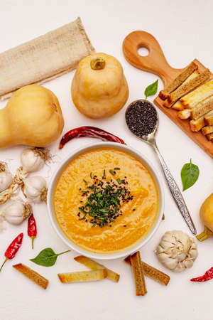 Vegetable cream soup. Healthy vegan (vegetarian) nutrition concept. Garlic, croutons, spices, aromatic seasonings. White putty background, top viewの写真素材