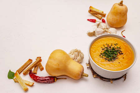 Vegetable cream soup. Healthy vegan (vegetarian) nutrition concept. Garlic, croutons, spices, aromatic seasonings. White putty background, copy spaceの写真素材