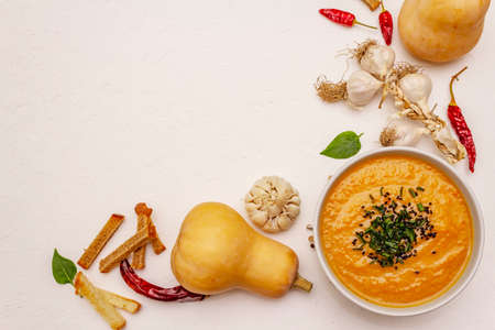 Vegetable cream soup. Healthy vegan (vegetarian) nutrition concept. Garlic, croutons, spices, aromatic seasonings. White putty background, top viewの写真素材