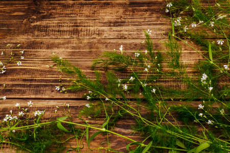Decorative flowers and greenery, necessary components for creating bouquets. Vintage wooden backgroundの写真素材
