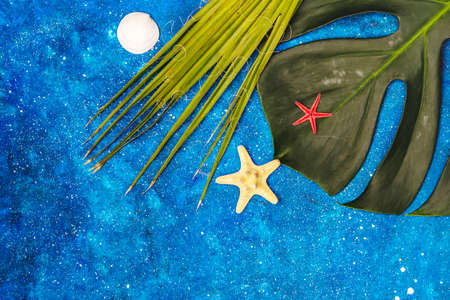 Travel and vacation concept. Summer 2020 background with monstera leaf, seashells and marine...
